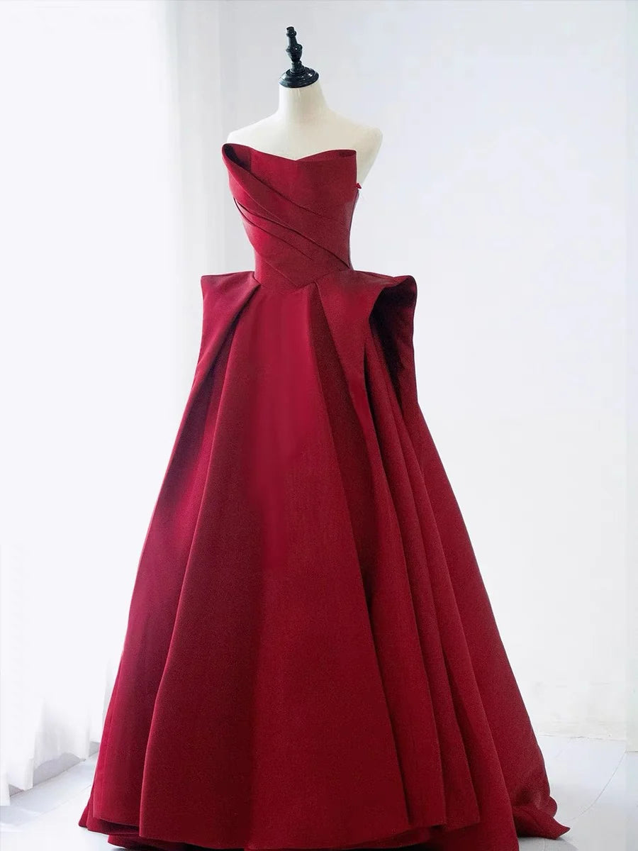 Wholesale Elegant Ball Gown Strapless Burgundy Satin Long Prom Dress Evening Dresses gowns evening dresses